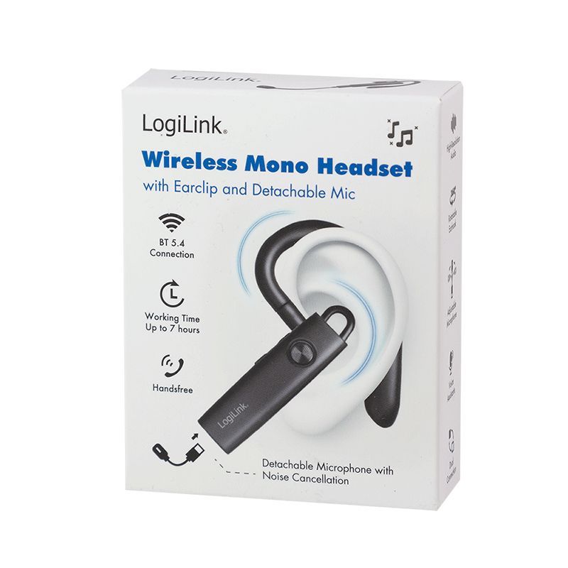 Logilink Wireless ear-clip mono headset BT 5.4, USB-C 100 hours detachable microphone Black Logilink Wireless ear-clip mono headset BT 5.4, USB-C 100 hours detachable microphone Black