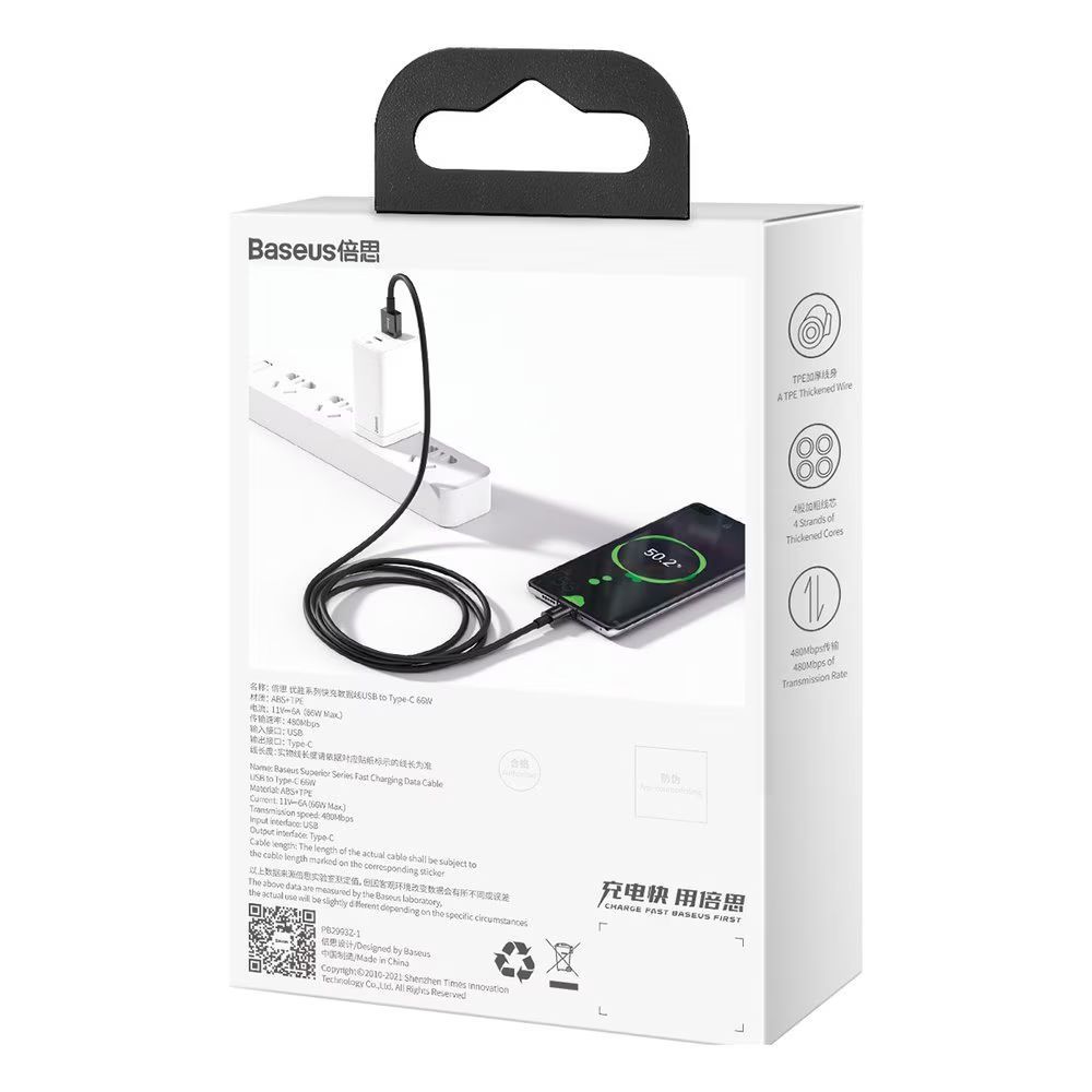 Baseus Superior USB-A - USB-C Cable 1m Black Baseus Superior USB-A - USB-C Cable 1m Black